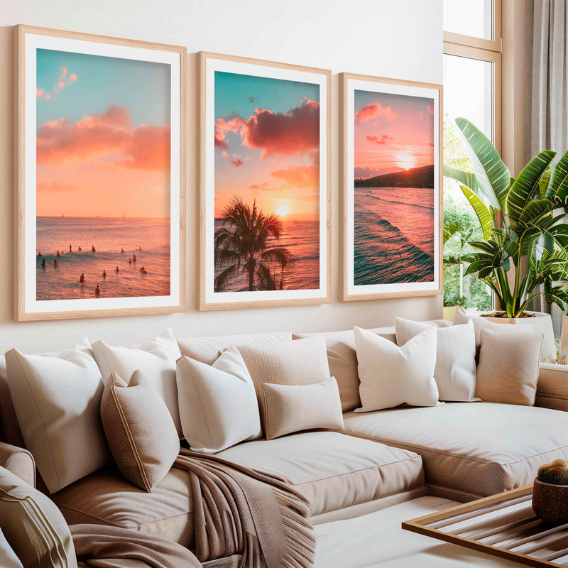 Pink Beach Wall Art – Sunset Coastal Print Set (3 Pieces)- Natural Wood Framed Poster with White Border - Artworksets