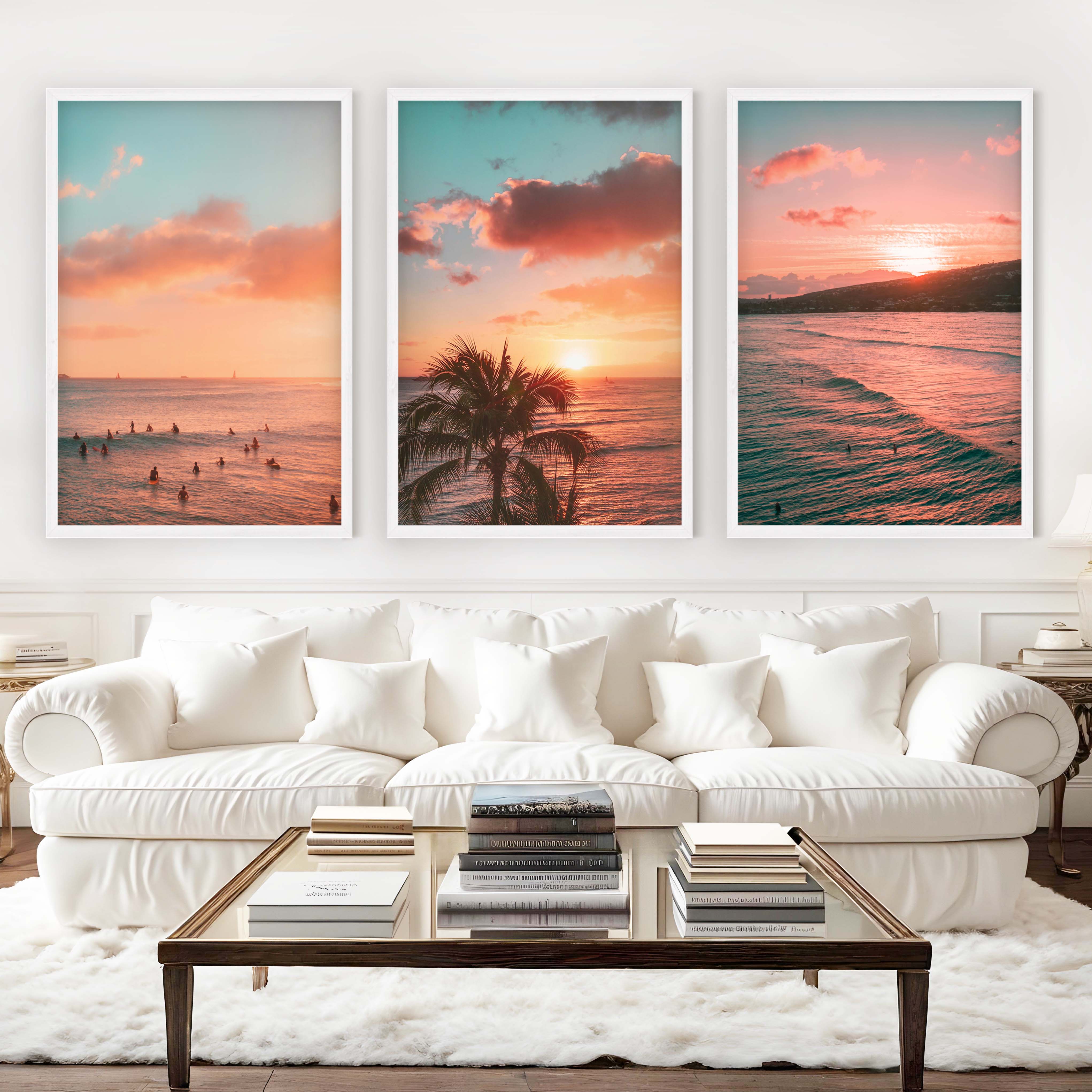 Pink Beach Wall Art – Sunset Coastal Print Set (3 Pieces) - White Framed Poster No Border - Artworksets