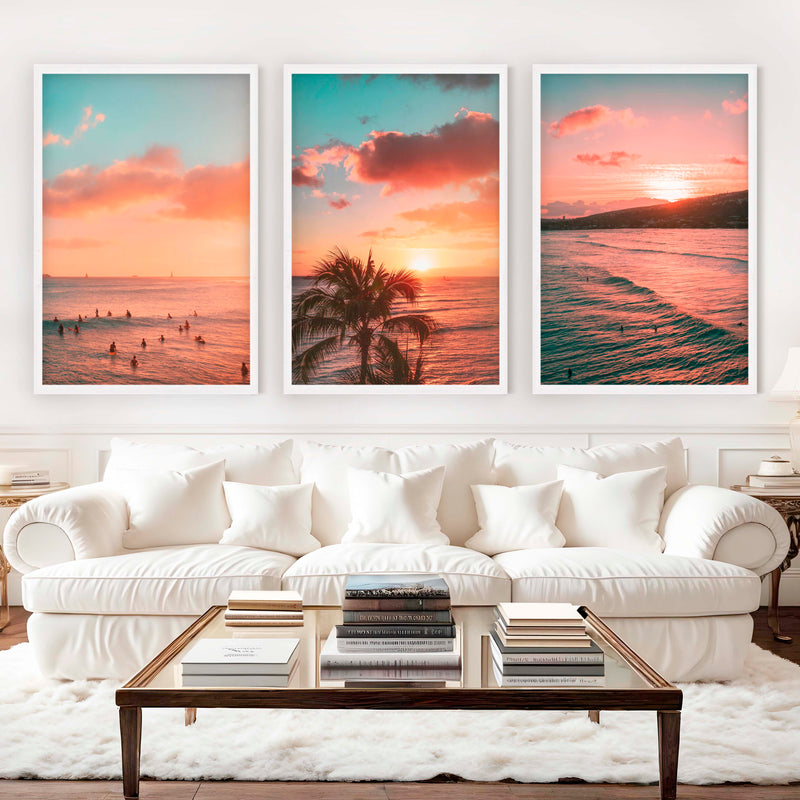 Pink Beach Wall Art – Sunset Coastal Print Set (3 Pieces) - White Framed Poster No Border - Artworksets