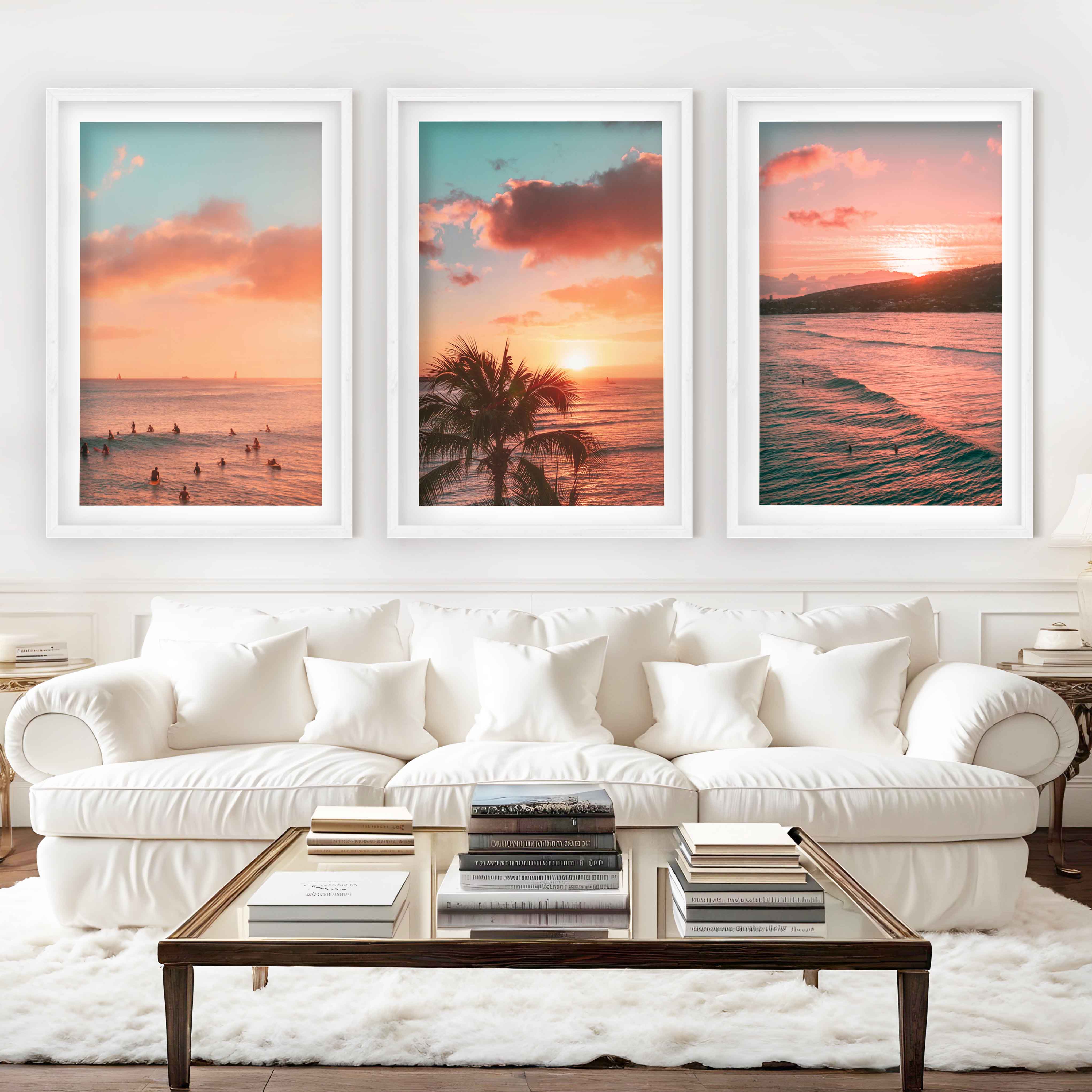 Pink Beach Wall Art – Sunset Coastal Print Set (3 Pieces) - White Framed Poster with White Border - Artworksets