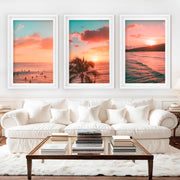Pink Beach Wall Art – Sunset Coastal Print Set (3 Pieces) - White Framed Poster with White Border - Artworksets