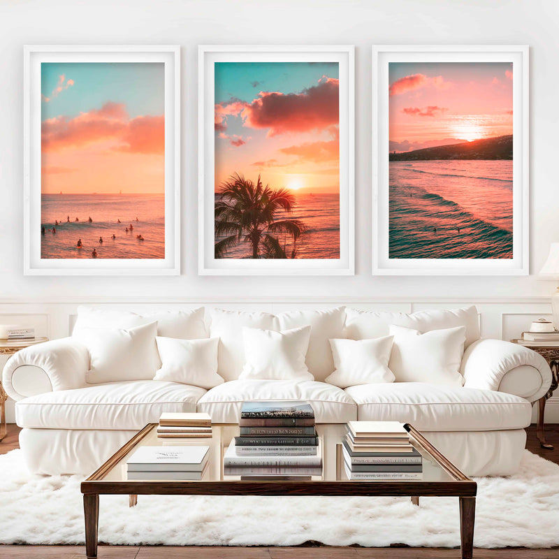 Pink Beach Wall Art – Sunset Coastal Print Set (3 Pieces) - White Framed Poster with White Border - Artworksets