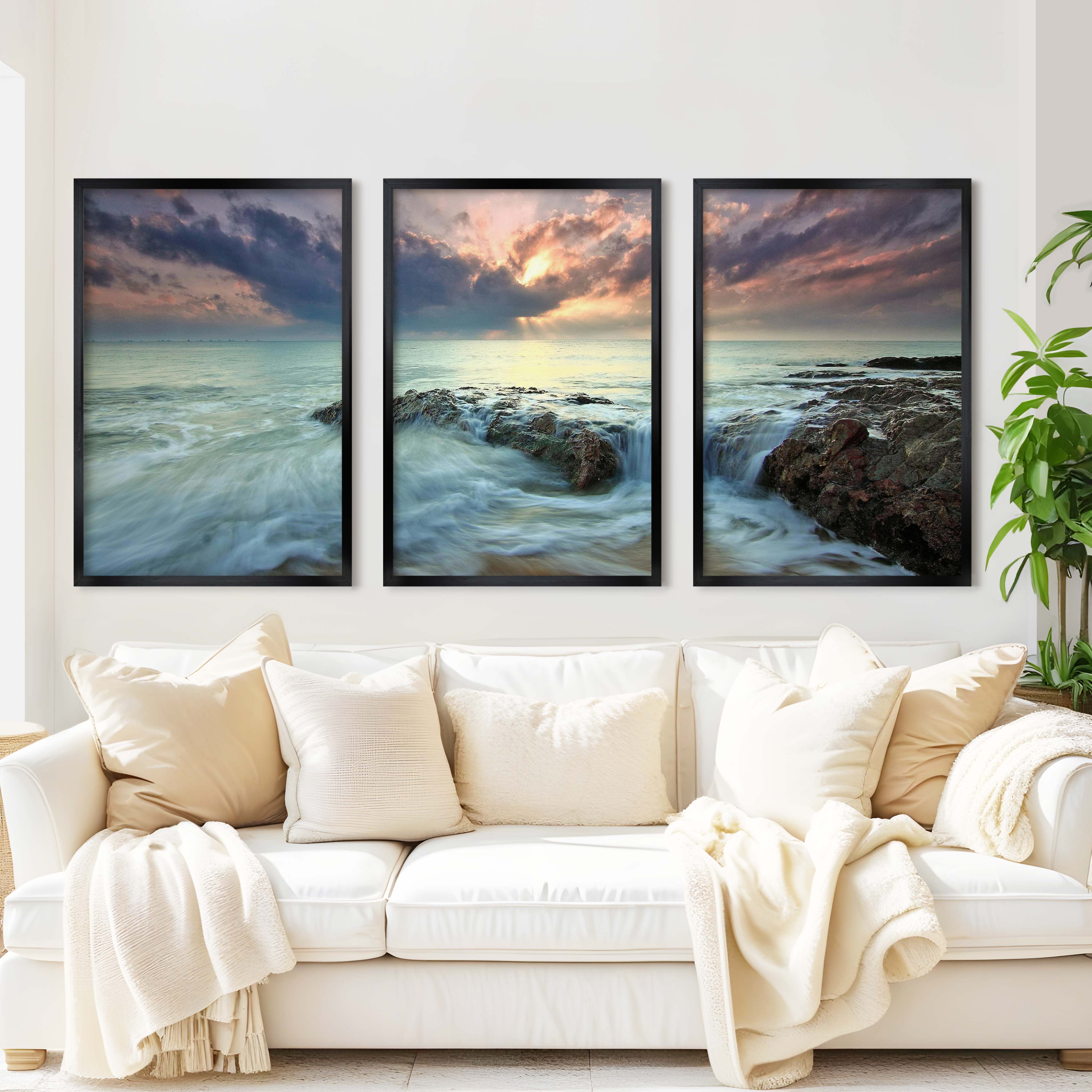 Pink Beach Wall Art – Ocean Sunset and Coastal Rocks - Black Framed Poster No Border - Artworksets