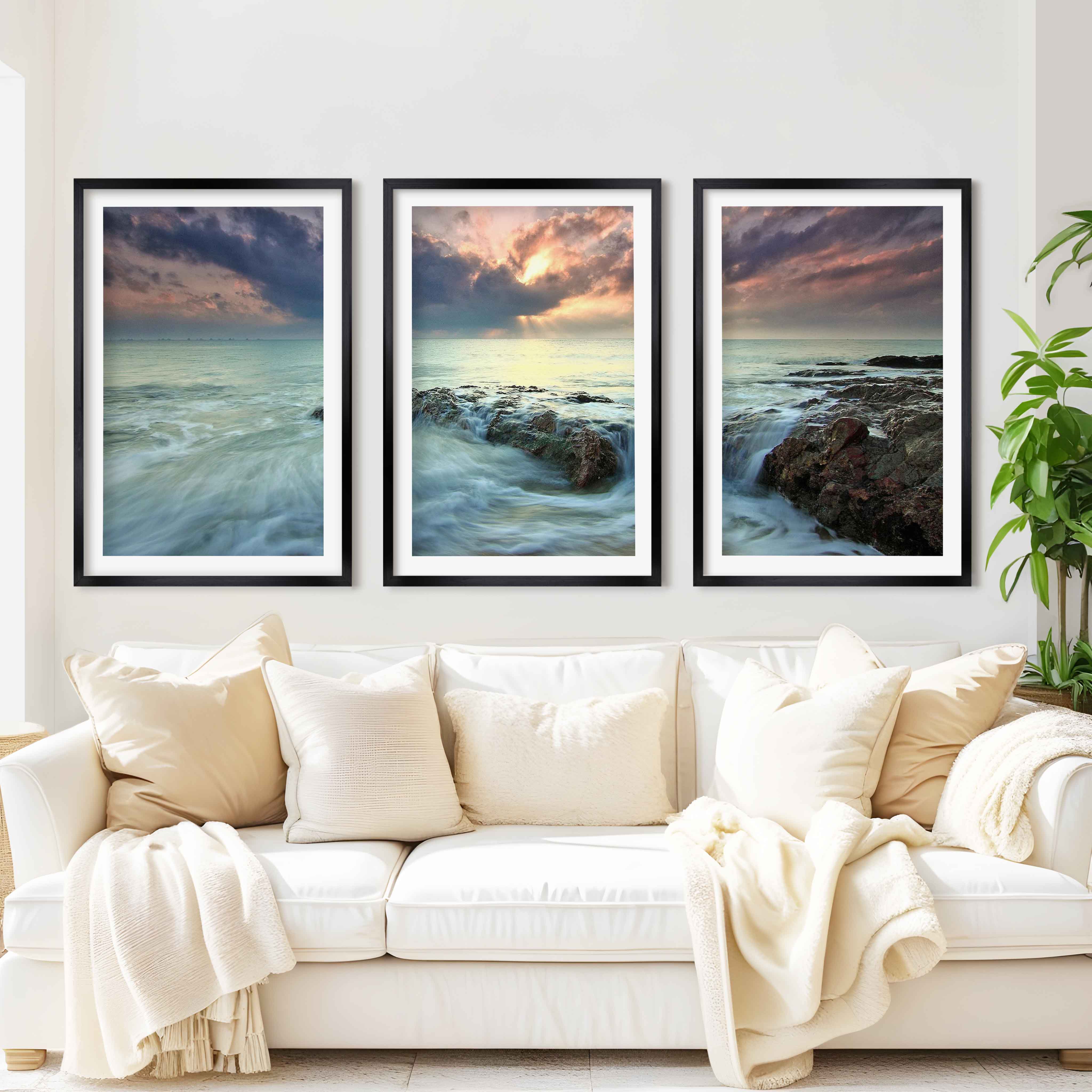 Pink Beach Wall Art – Ocean Sunset and Coastal Rocks - Black Framed Poster with White Border - Artworksets