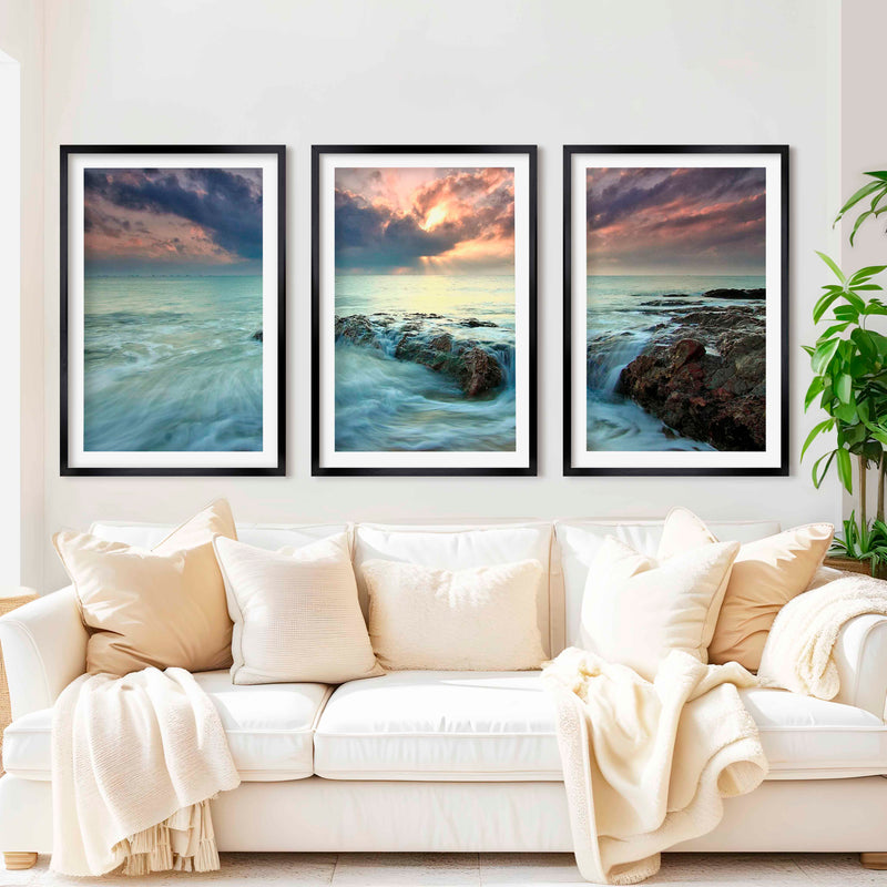Pink Beach Wall Art – Ocean Sunset and Coastal Rocks - Black Framed Poster with White Border - Artworksets