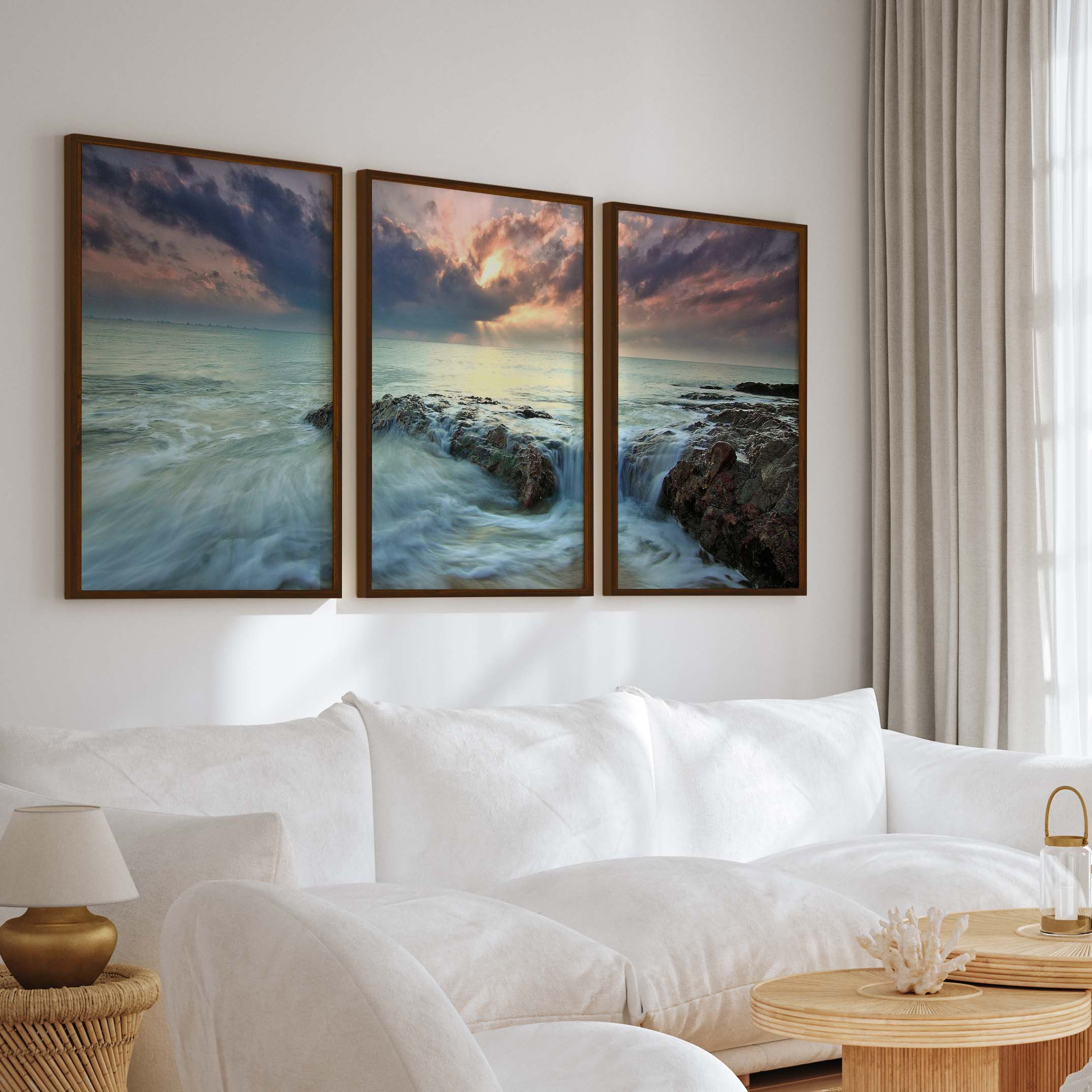 Pink Beach Wall Art – Ocean Sunset and Coastal Rocks - Dark Brown Framed Poster No Border - Artworksets