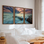 Pink Beach Wall Art – Ocean Sunset and Coastal Rocks - Dark Brown Framed Poster No Border - Artworksets