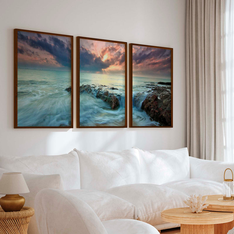 Pink Beach Wall Art – Ocean Sunset and Coastal Rocks - Dark Brown Framed Poster No Border - Artworksets