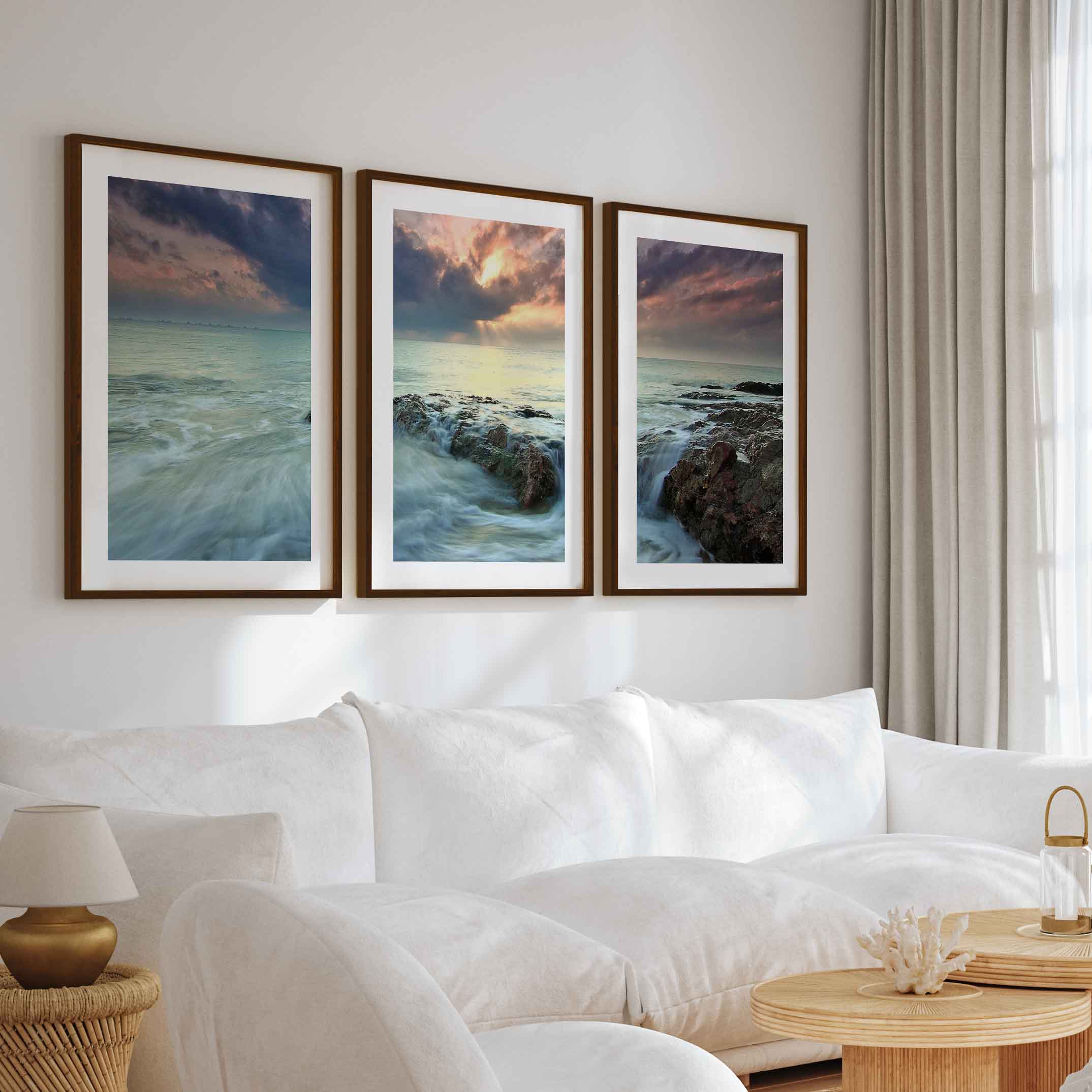 Pink Beach Wall Art – Ocean Sunset and Coastal Rocks - Dark Brown Framed Poster with White Border - Artworksets