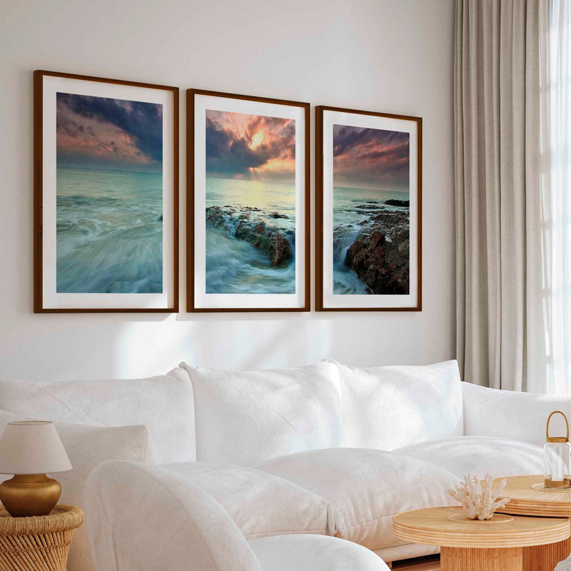 Pink Beach Wall Art – Ocean Sunset and Coastal Rocks - Dark Brown Framed Poster with White Border - Artworksets