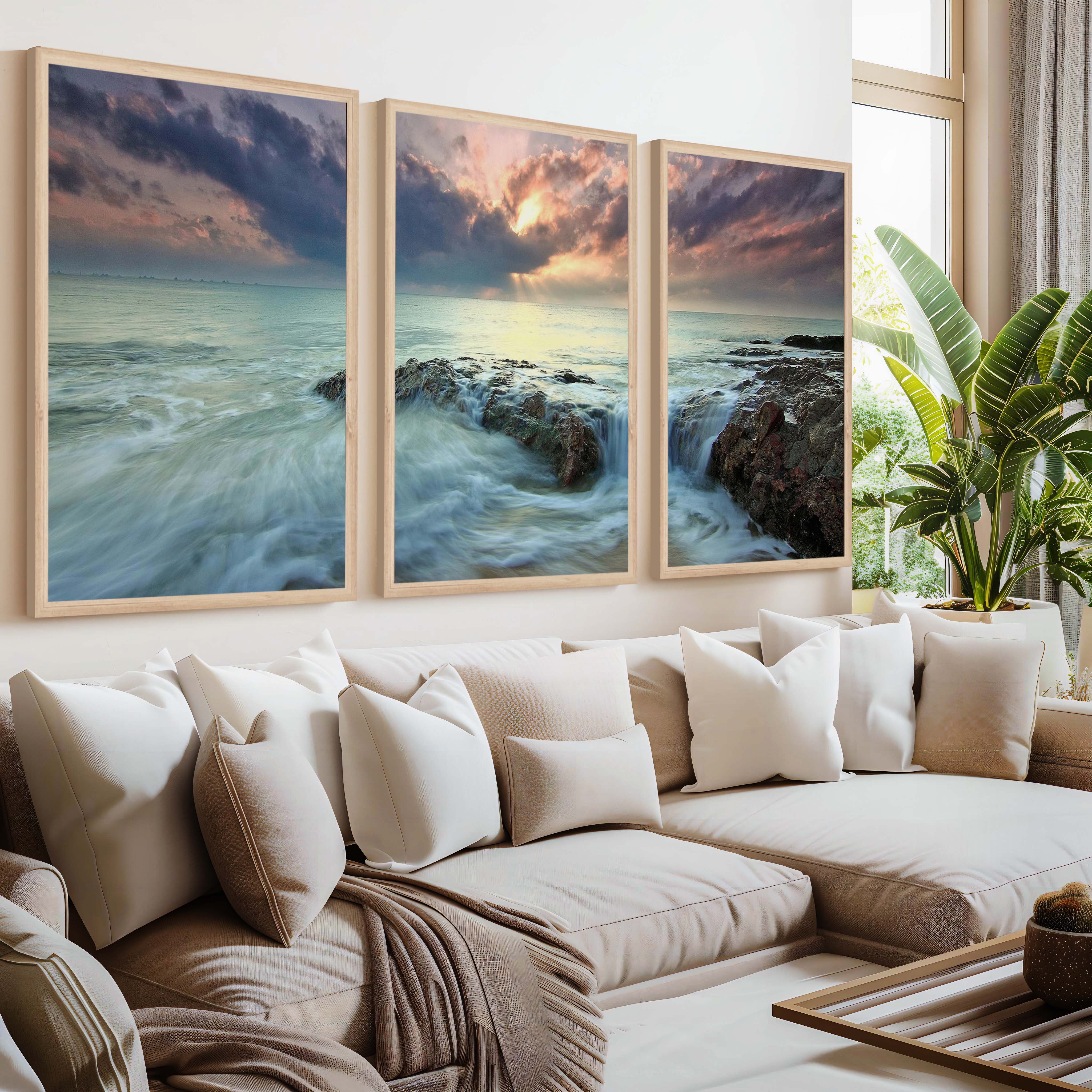 Pink Beach Wall Art – Ocean Sunset and Coastal Rocks - Natural Wood Framed Poster No Border - Artworksets