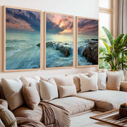 Pink Beach Wall Art – Ocean Sunset and Coastal Rocks - Natural Wood Framed Poster No Border - Artworksets