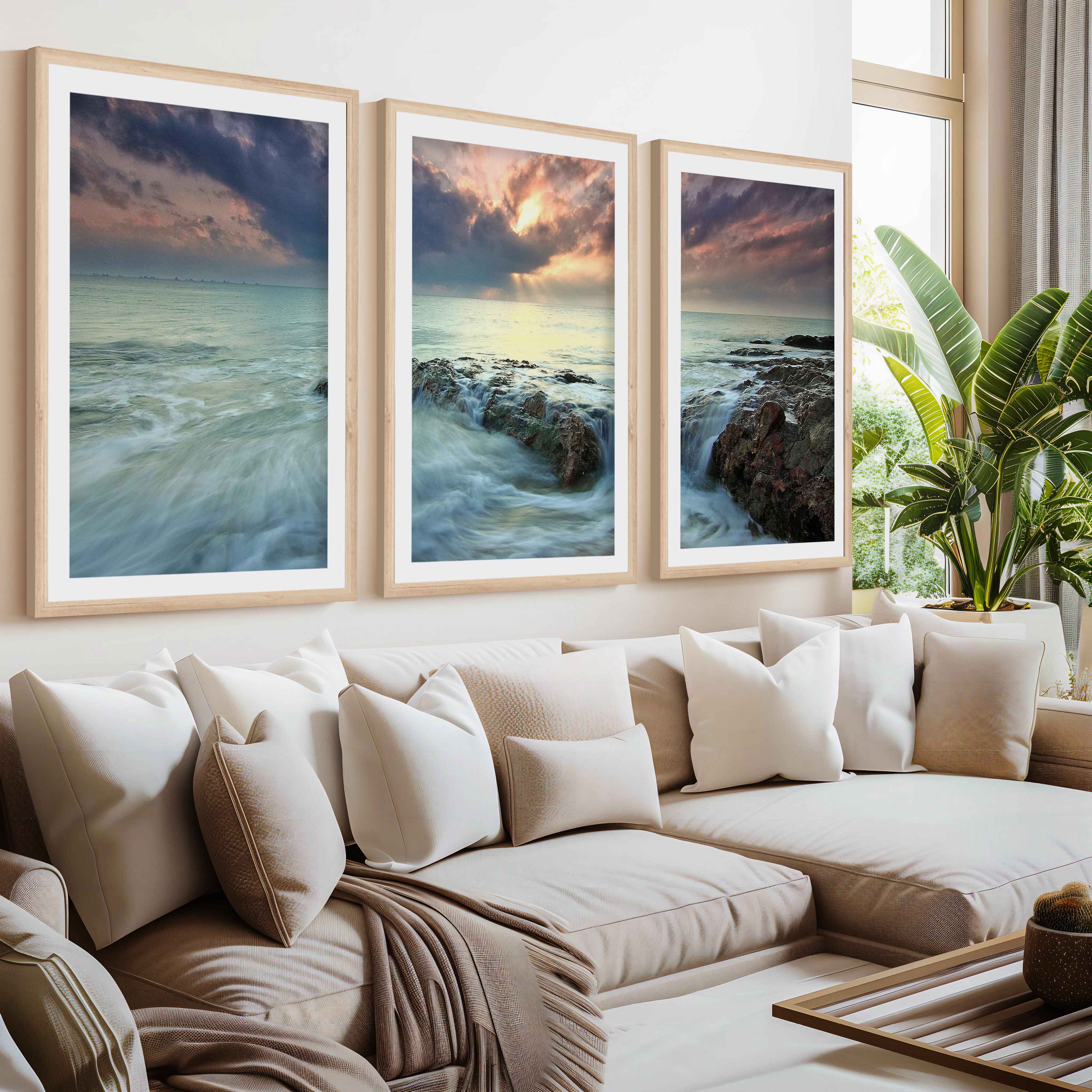 Pink Beach Wall Art – Ocean Sunset and Coastal Rocks- Natural Wood Framed Poster with White Border - Artworksets