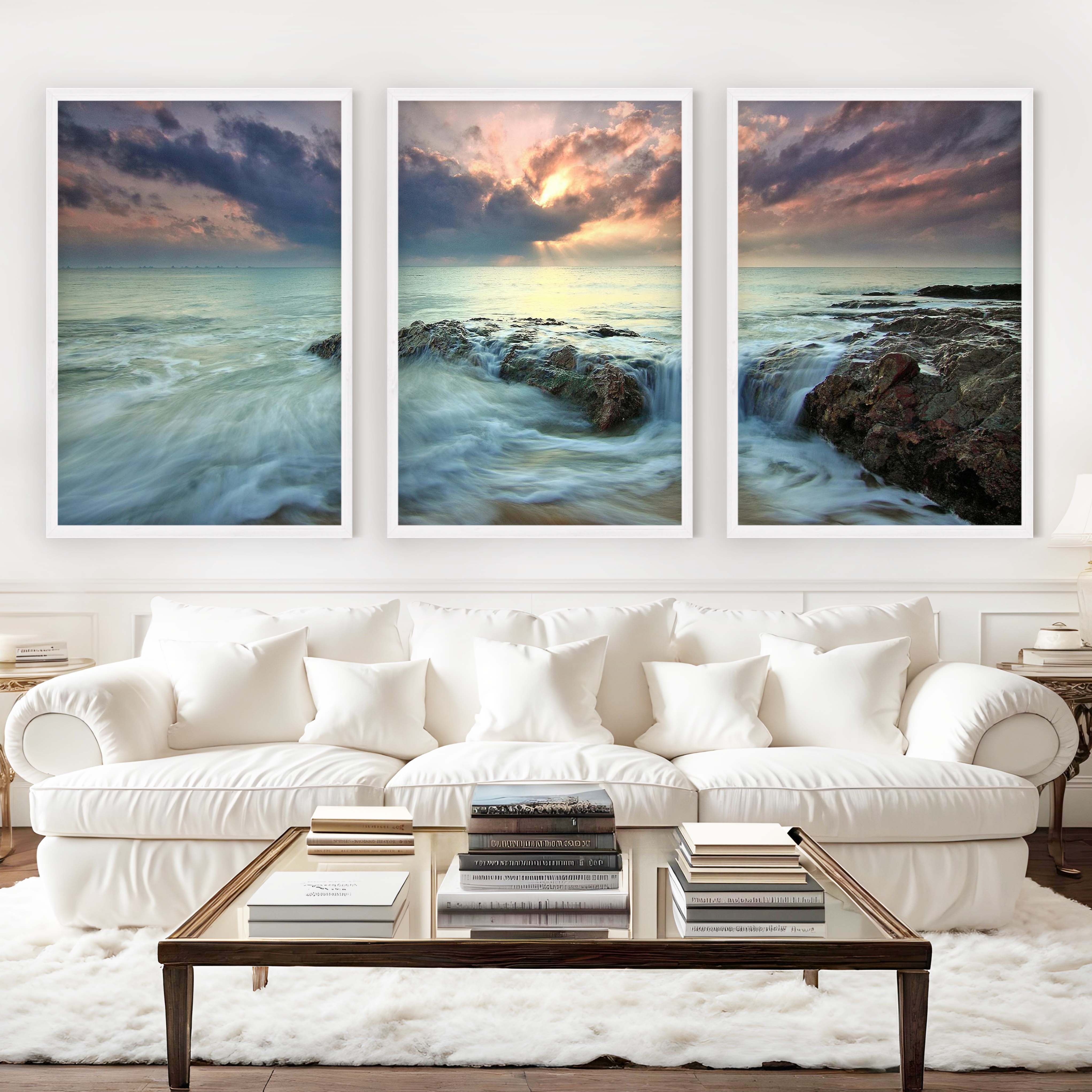 Pink Beach Wall Art – Ocean Sunset and Coastal Rocks - White Framed Poster No Border - Artworksets