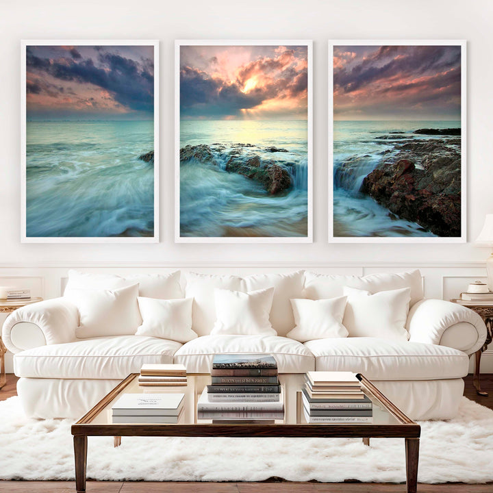 Pink Beach Wall Art – Ocean Sunset and Coastal Rocks - White Framed Poster No Border - Artworksets