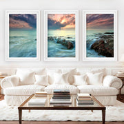 Pink Beach Wall Art – Ocean Sunset and Coastal Rocks - White Framed Poster with White Border - Artworksets