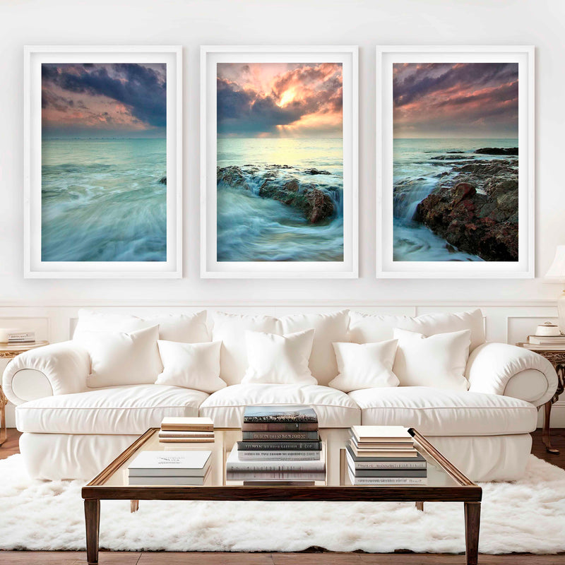 Pink Beach Wall Art – Ocean Sunset and Coastal Rocks - White Framed Poster with White Border - Artworksets