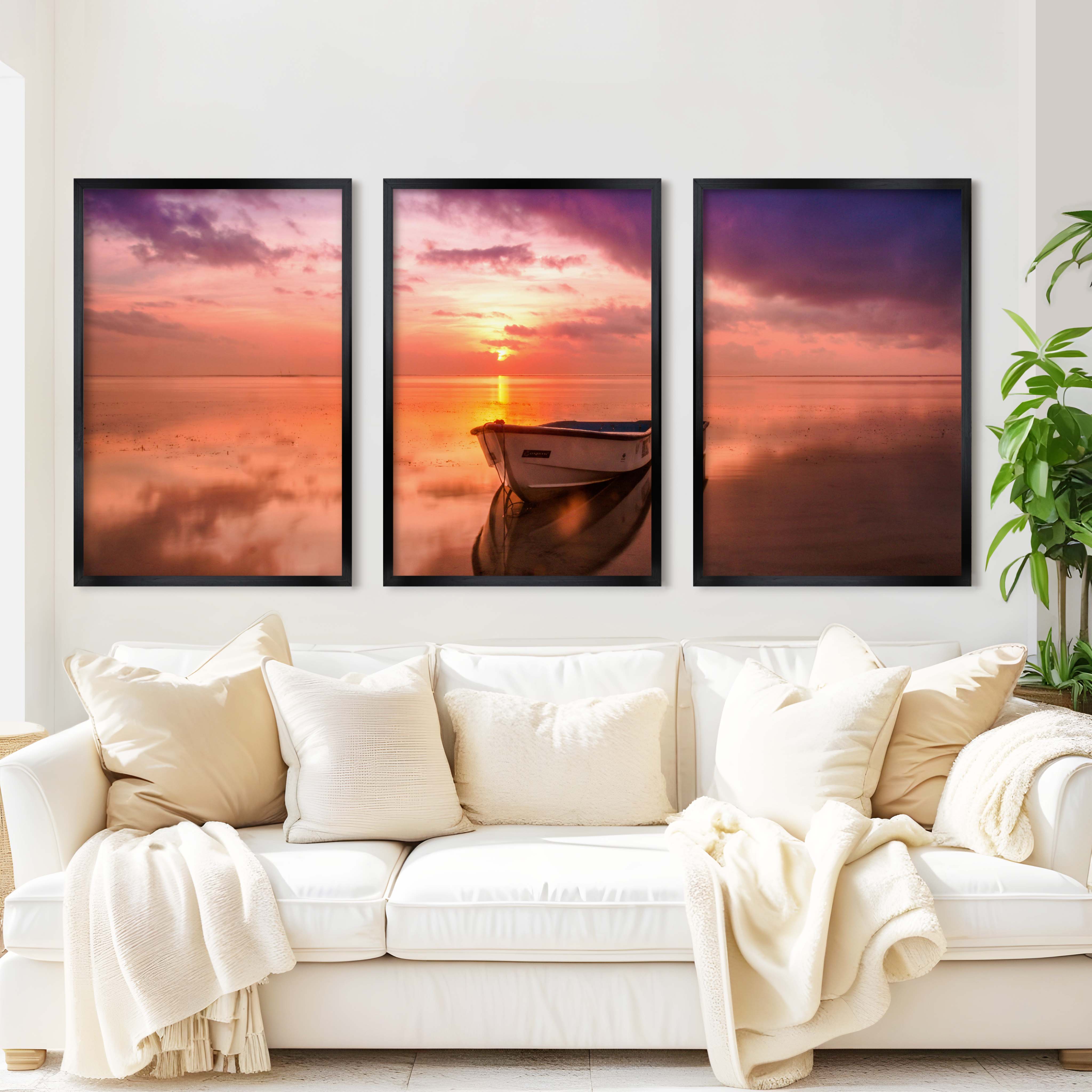 Pink Beach Wall Art – Sunset Boat and Reflected Sky Print - Black Framed Poster No Border - Artworksets