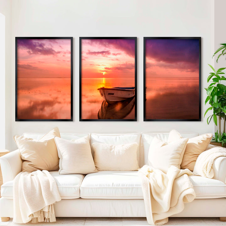 Pink Beach Wall Art – Sunset Boat and Reflected Sky Print - Black Framed Poster No Border - Artworksets