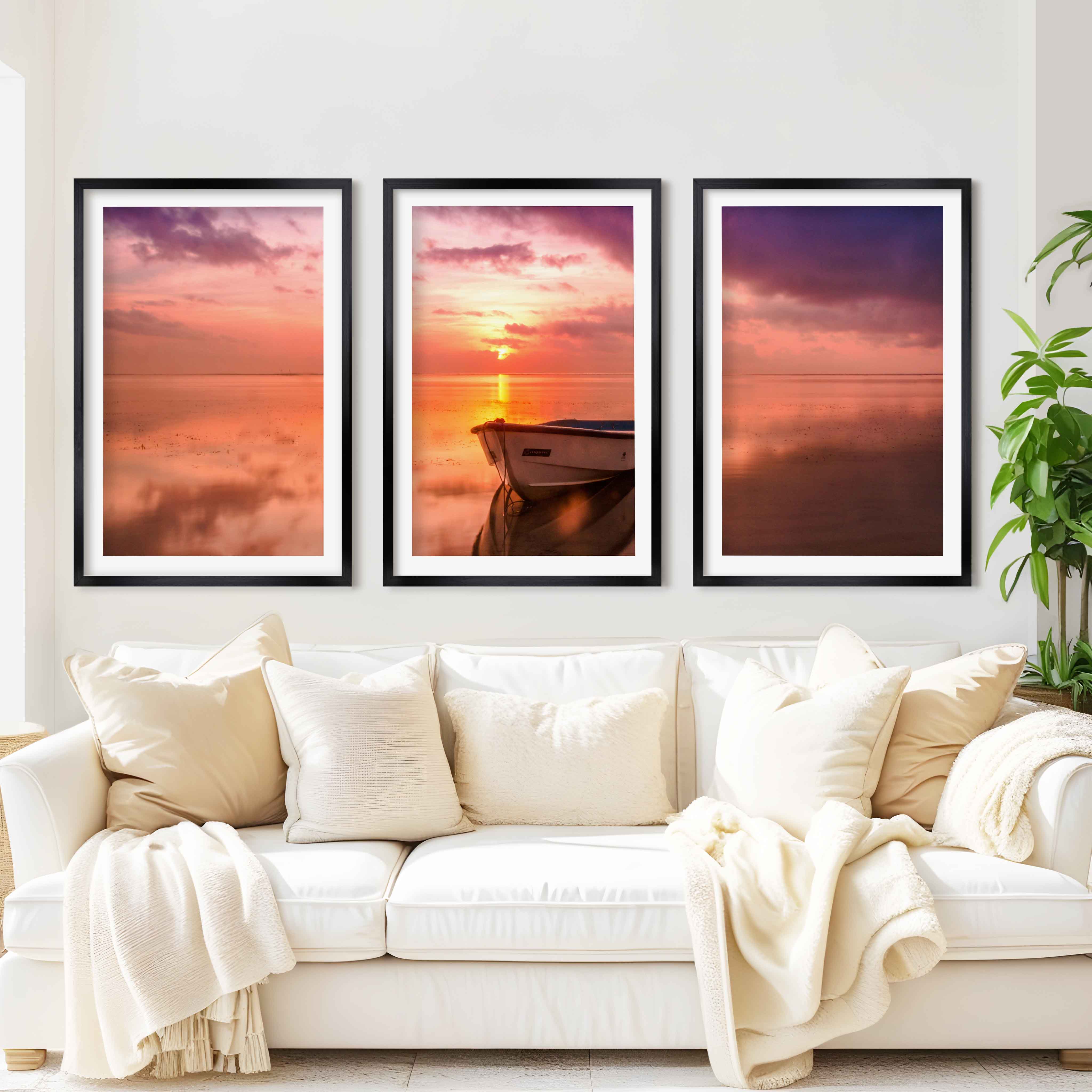 Pink Beach Wall Art – Sunset Boat and Reflected Sky Print - Black Framed Poster with White Border - Artworksets