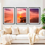 Pink Beach Wall Art – Sunset Boat and Reflected Sky Print - Black Framed Poster with White Border - Artworksets