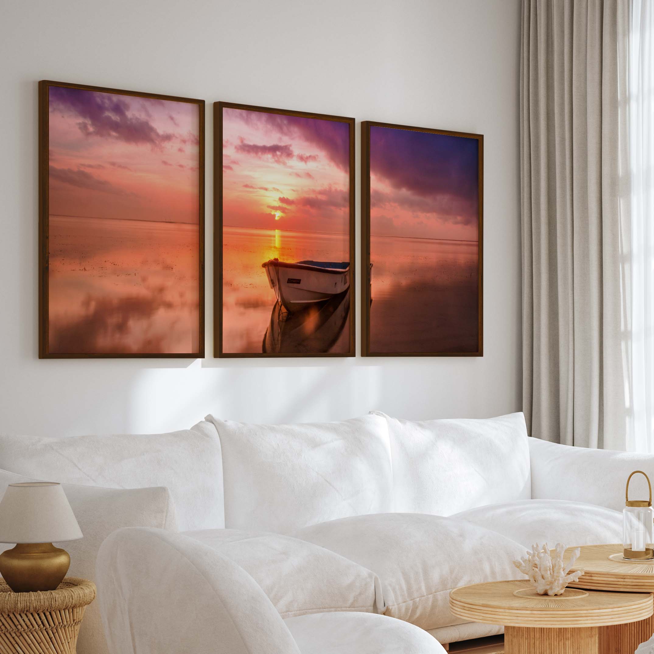 Pink Beach Wall Art – Sunset Boat and Reflected Sky Print - Dark Brown Framed Poster No Border - Artworksets