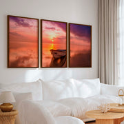 Pink Beach Wall Art – Sunset Boat and Reflected Sky Print - Dark Brown Framed Poster No Border - Artworksets