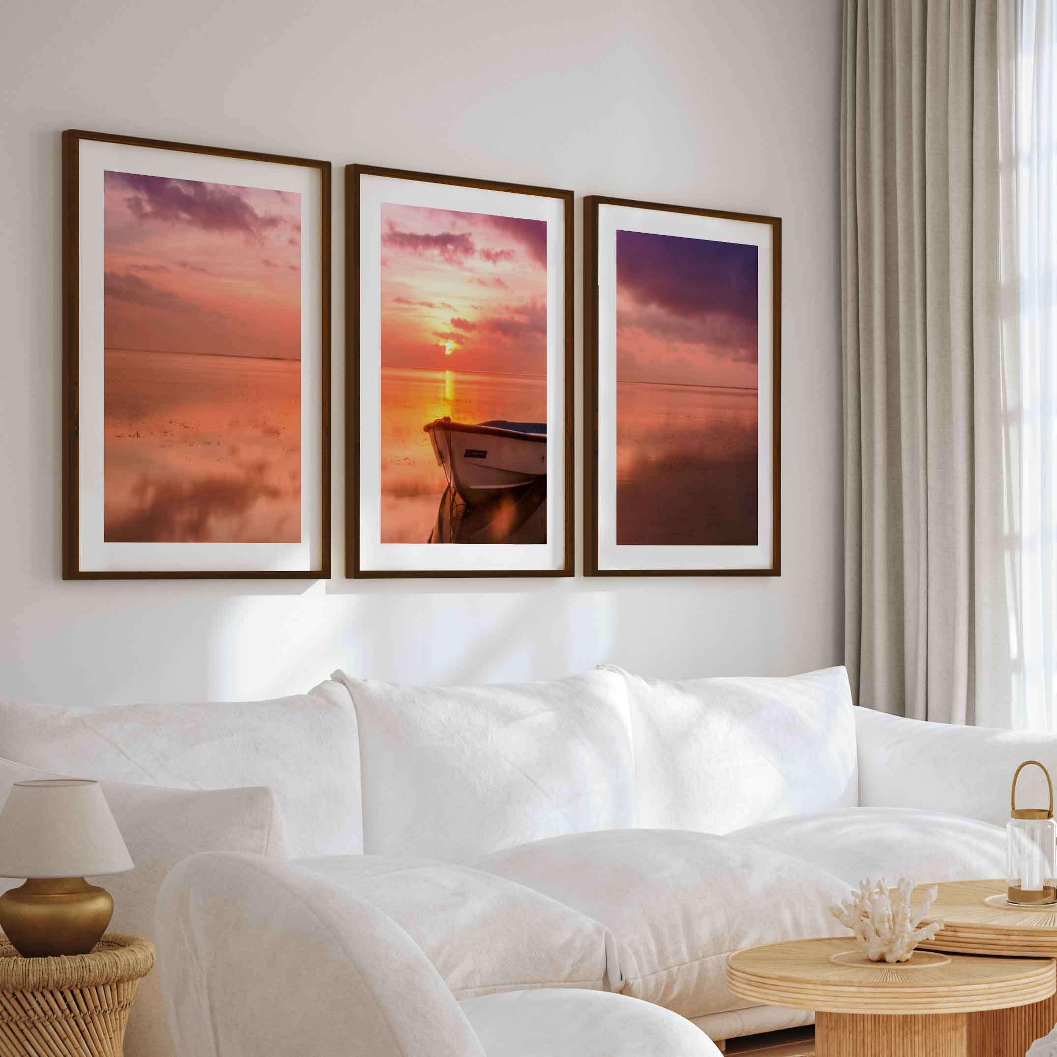 Pink Beach Wall Art – Sunset Boat and Reflected Sky Print - Dark Brown Framed Poster with White Border - Artworksets