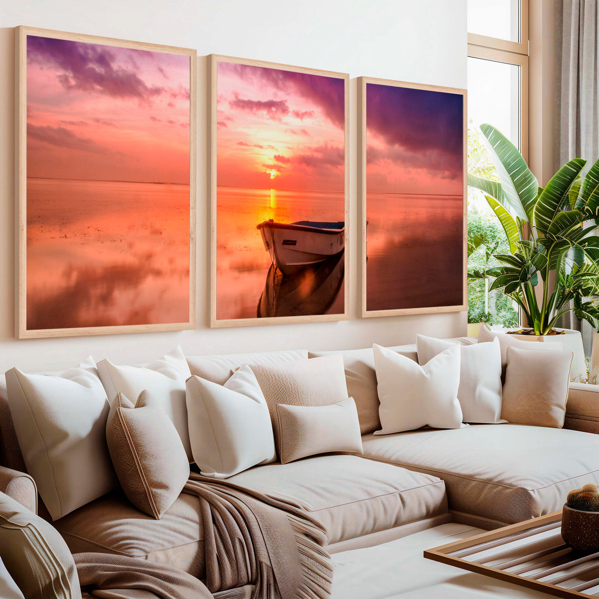 Pink Beach Wall Art – Sunset Boat and Reflected Sky Print - Natural Wood Framed Poster No Border - Artworksets
