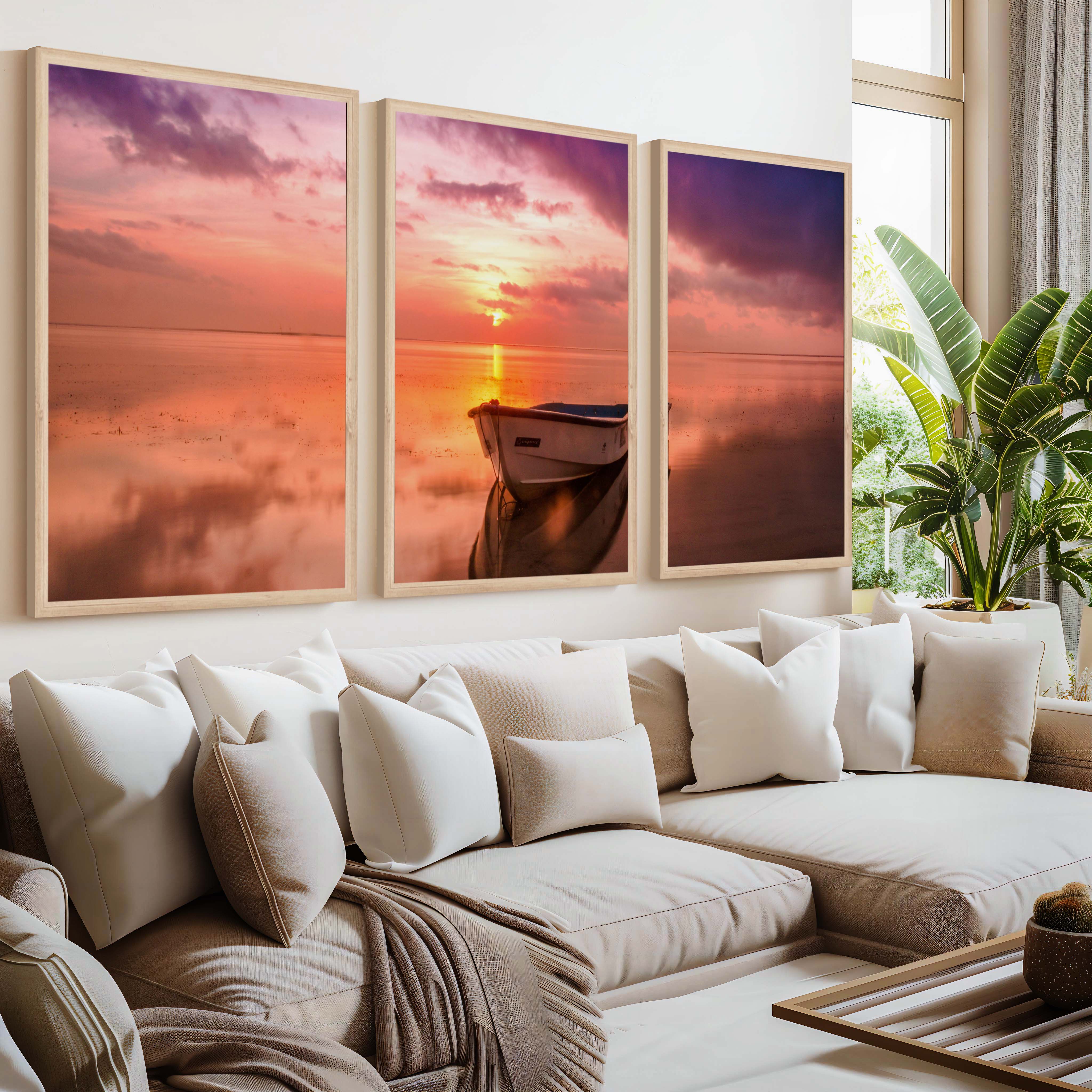 Pink Beach Wall Art – Sunset Boat and Reflected Sky Print - Natural Wood Framed Poster No Border - Artworksets