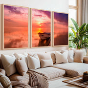 Pink Beach Wall Art – Sunset Boat and Reflected Sky Print - Natural Wood Framed Poster No Border - Artworksets