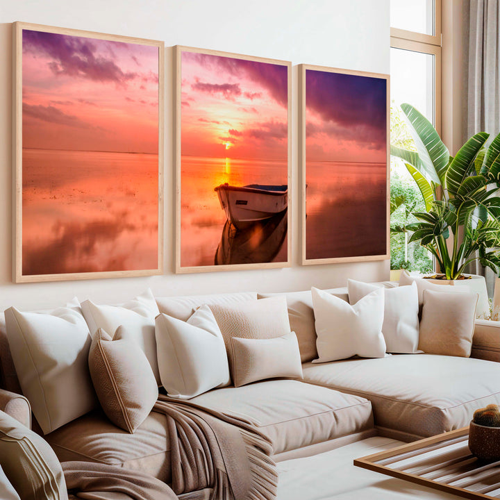 Pink Beach Wall Art – Sunset Boat and Reflected Sky Print - Natural Wood Framed Poster No Border - Artworksets