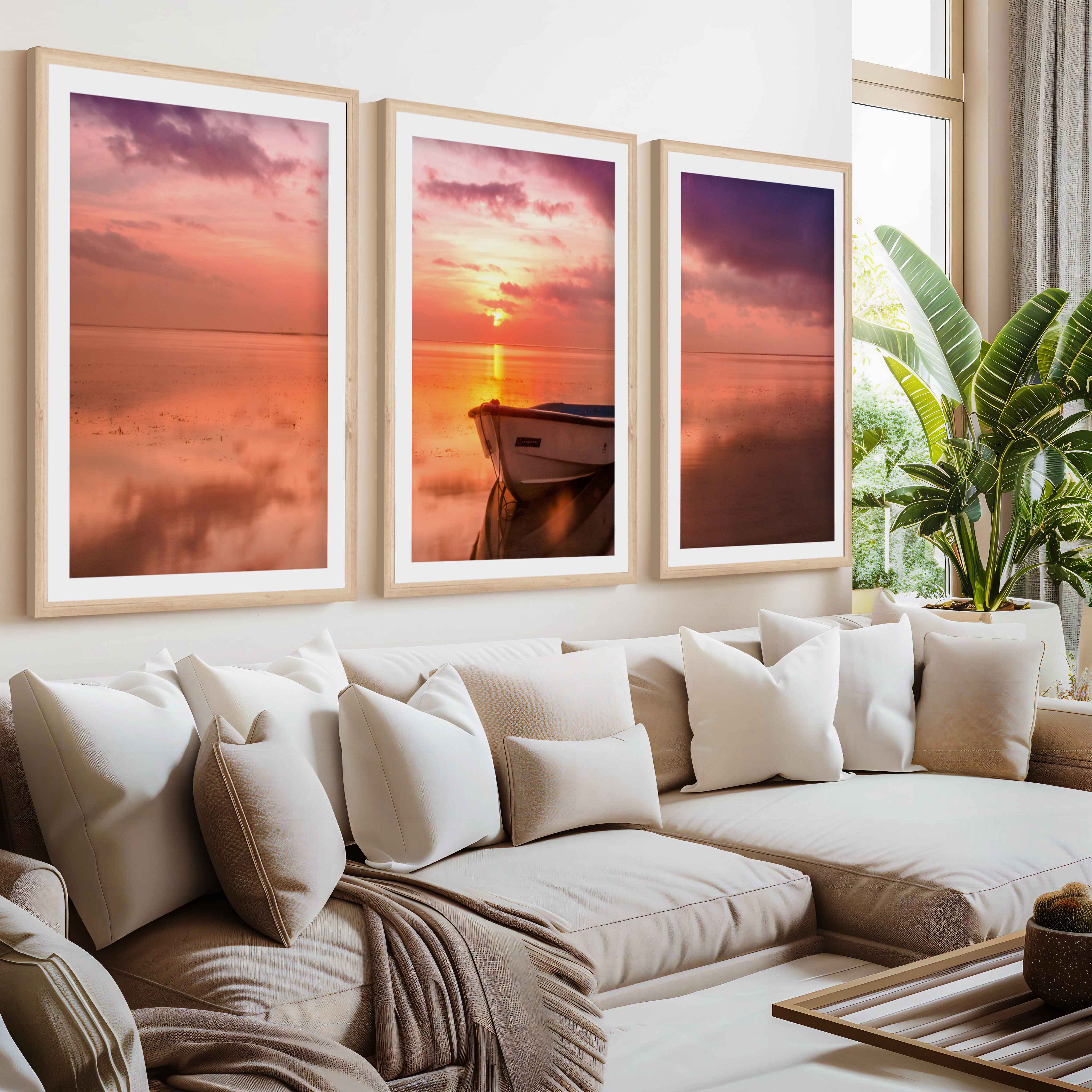 Pink Beach Wall Art – Sunset Boat and Reflected Sky Print- Natural Wood Framed Poster with White Border - Artworksets