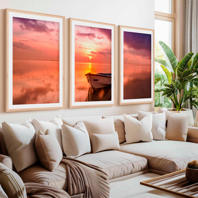 Pink Beach Wall Art – Sunset Boat and Reflected Sky Print- Natural Wood Framed Poster with White Border - Artworksets