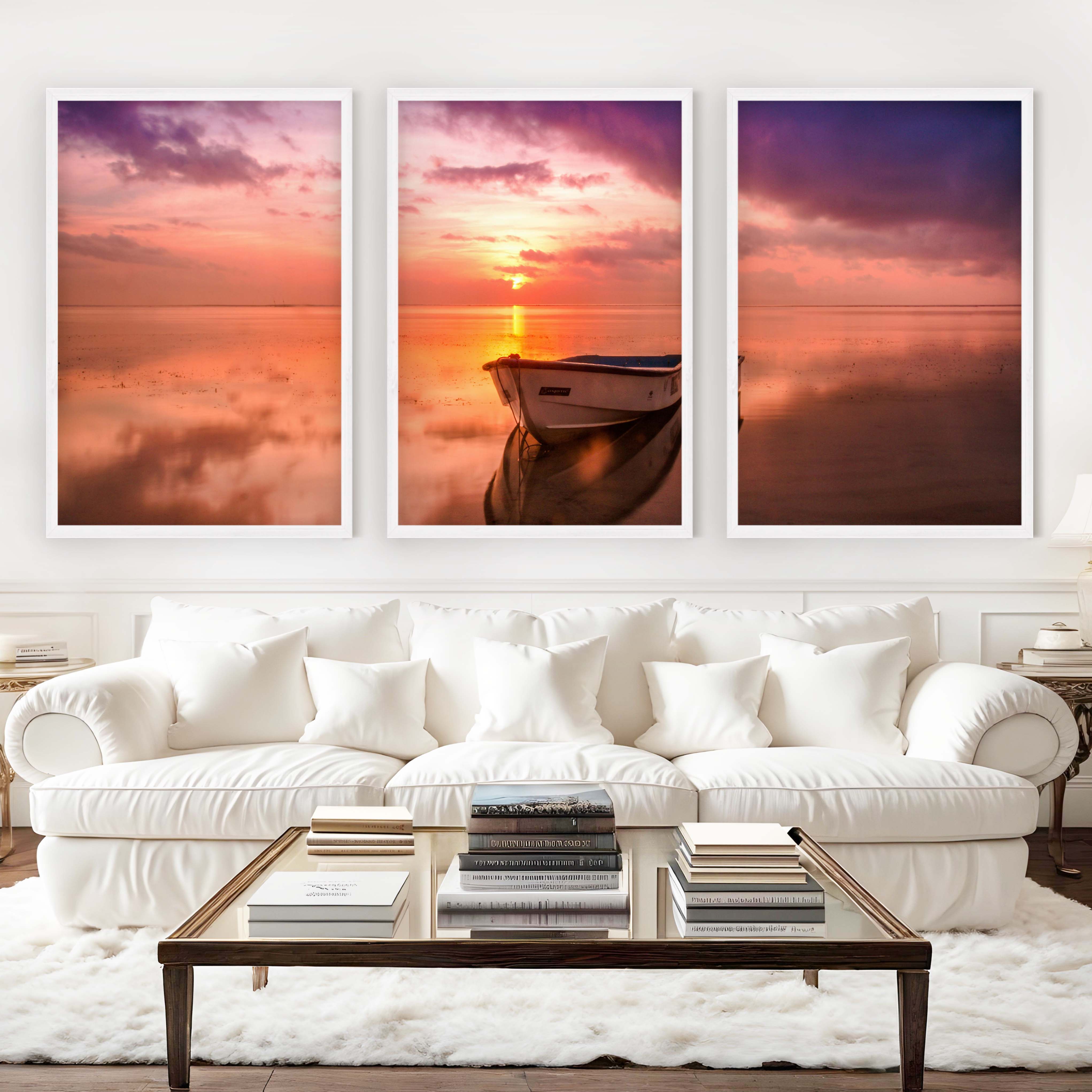 Pink Beach Wall Art – Sunset Boat and Reflected Sky Print - White Framed Poster No Border - Artworksets