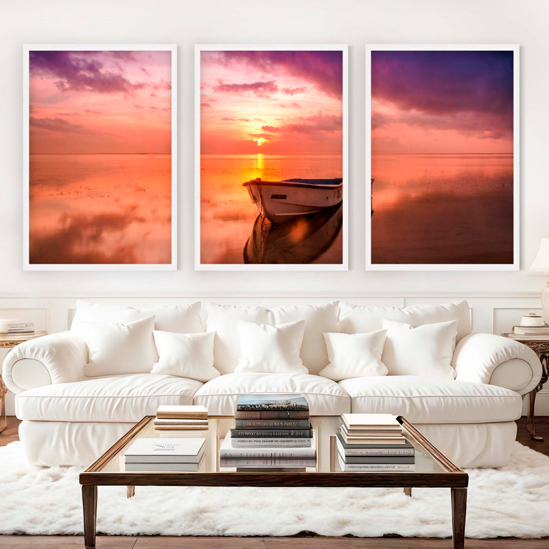 Pink Beach Wall Art – Sunset Boat and Reflected Sky Print - White Framed Poster No Border - Artworksets