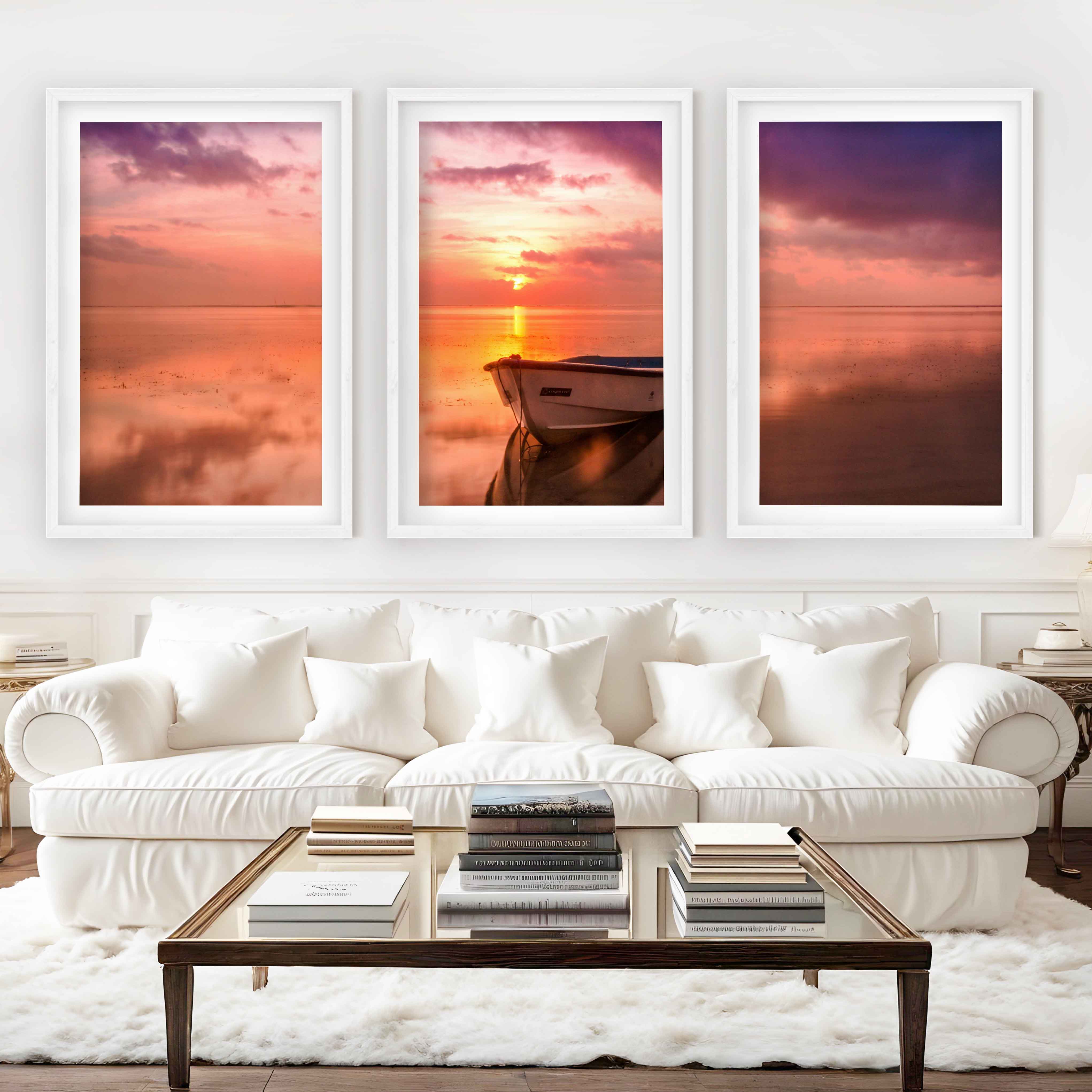 Pink Beach Wall Art – Sunset Boat and Reflected Sky Print - White Framed Poster with White Border - Artworksets