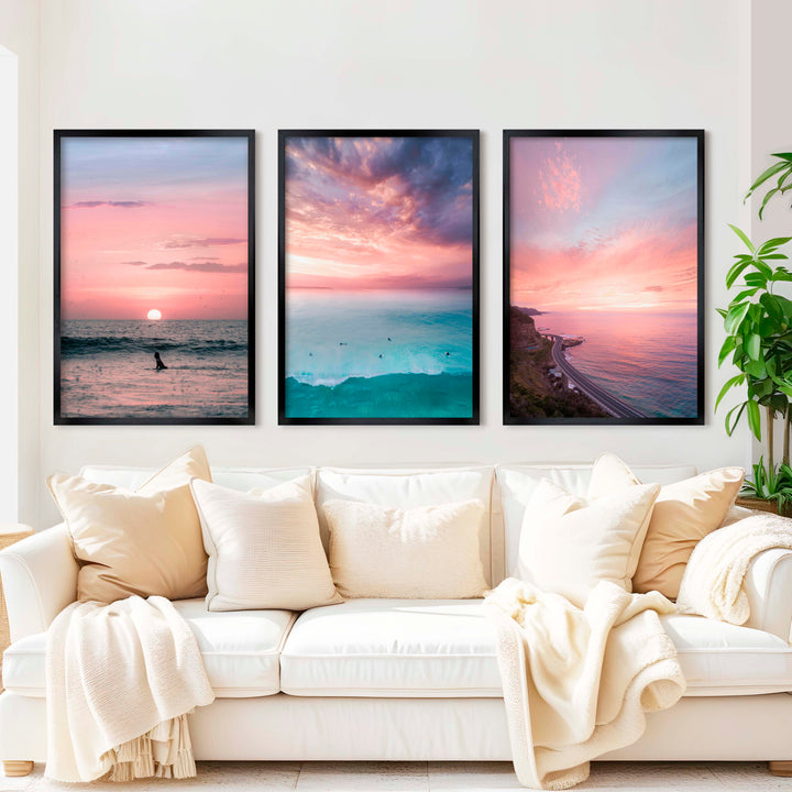 Pink Beach Wall Decor – Pastel Sunset Ocean Print Set (3 Pieces) - Black Framed Poster No Border - Artworksets