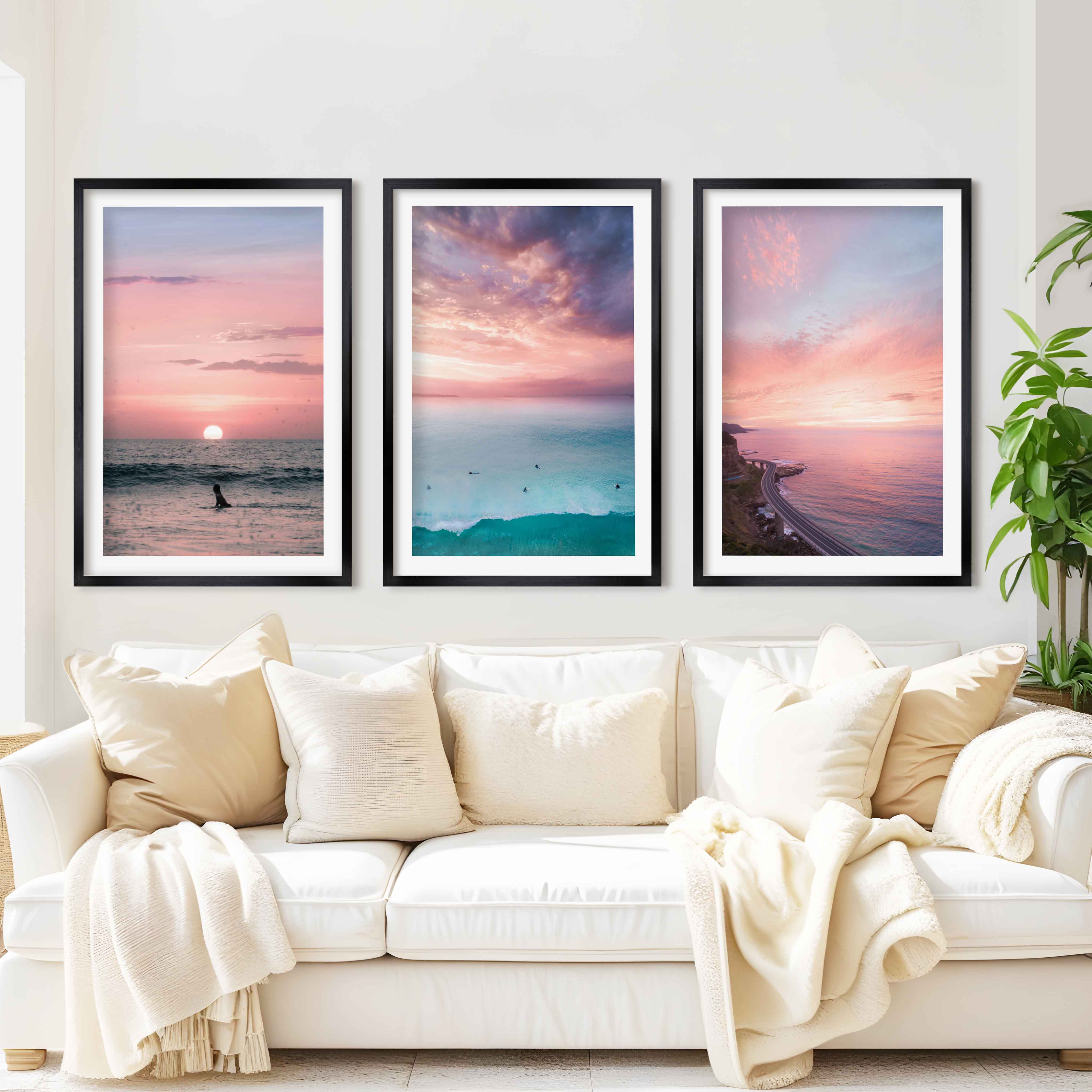 Pink Beach Wall Decor – Pastel Sunset Ocean Print Set (3 Pieces) - Black Framed Poster with White Border - Artworksets