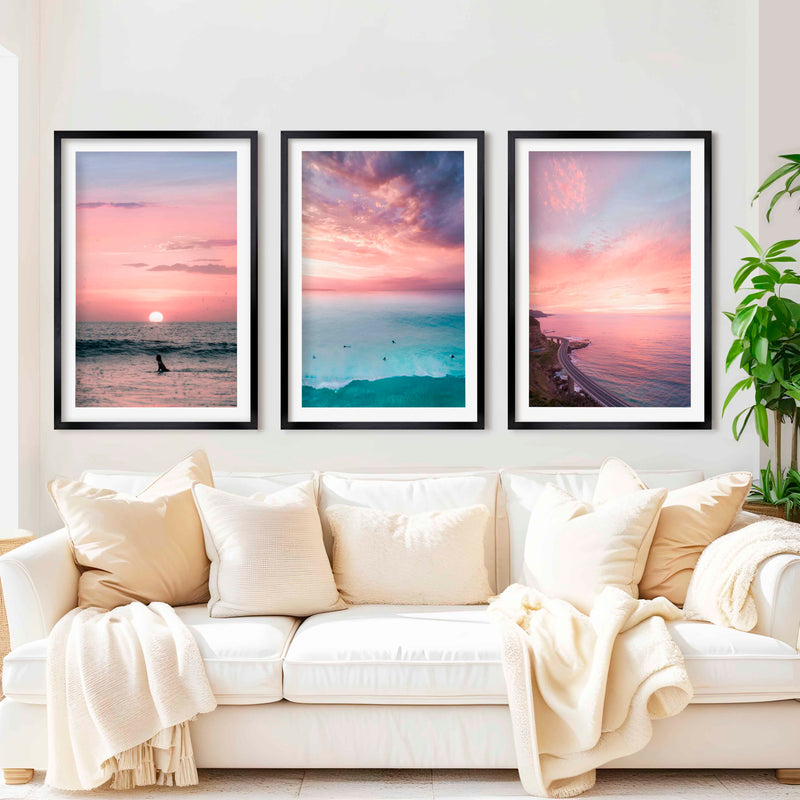 Pink Beach Wall Decor – Pastel Sunset Ocean Print Set (3 Pieces) - Black Framed Poster with White Border - Artworksets