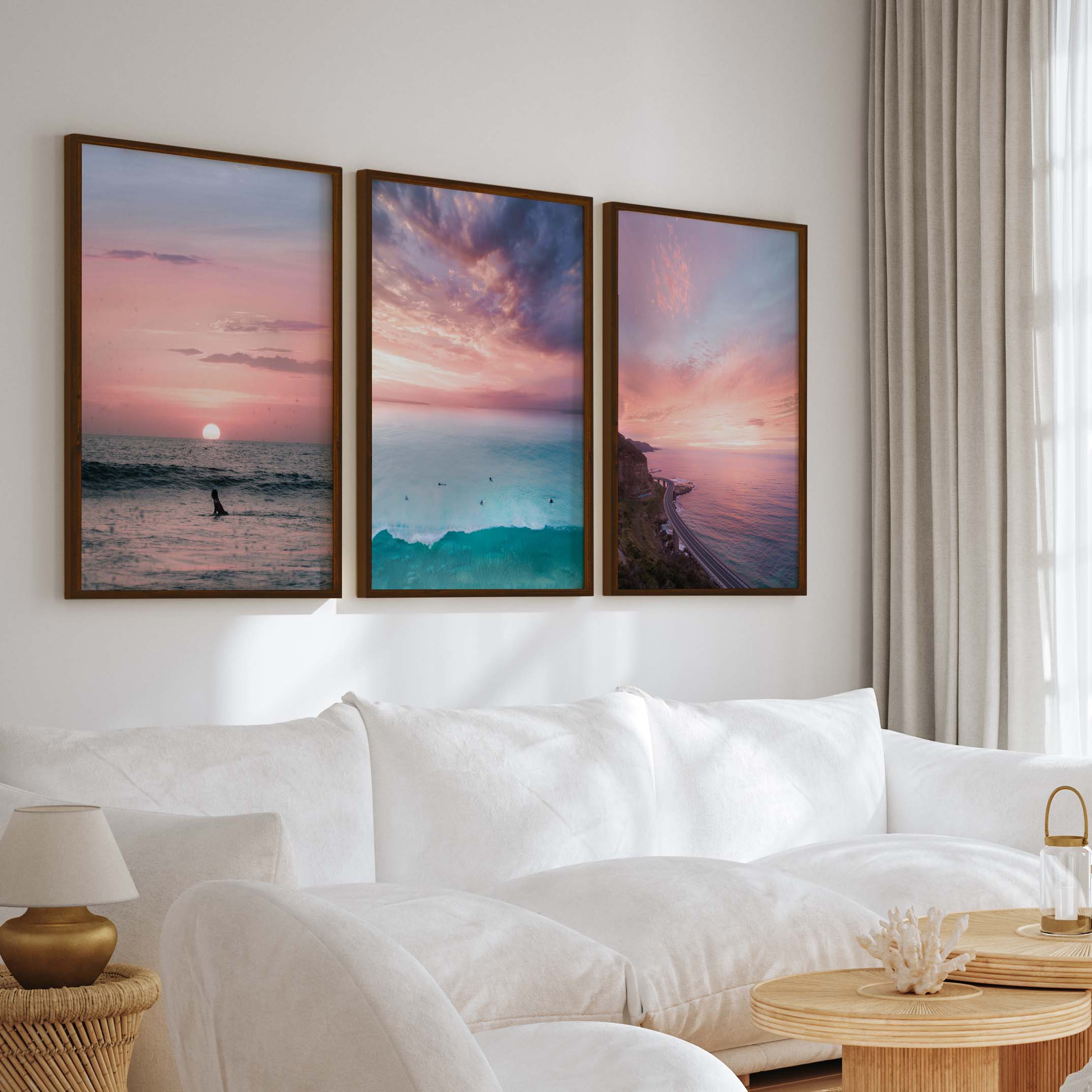 Pink Beach Wall Decor – Pastel Sunset Ocean Print Set (3 Pieces) - Dark Brown Framed Poster No Border - Artworksets