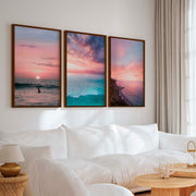 Pink Beach Wall Decor – Pastel Sunset Ocean Print Set (3 Pieces) - Dark Brown Framed Poster No Border - Artworksets