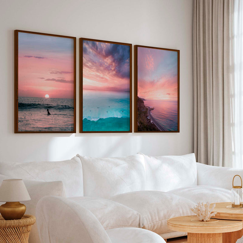 Pink Beach Wall Decor – Pastel Sunset Ocean Print Set (3 Pieces) - Dark Brown Framed Poster No Border - Artworksets