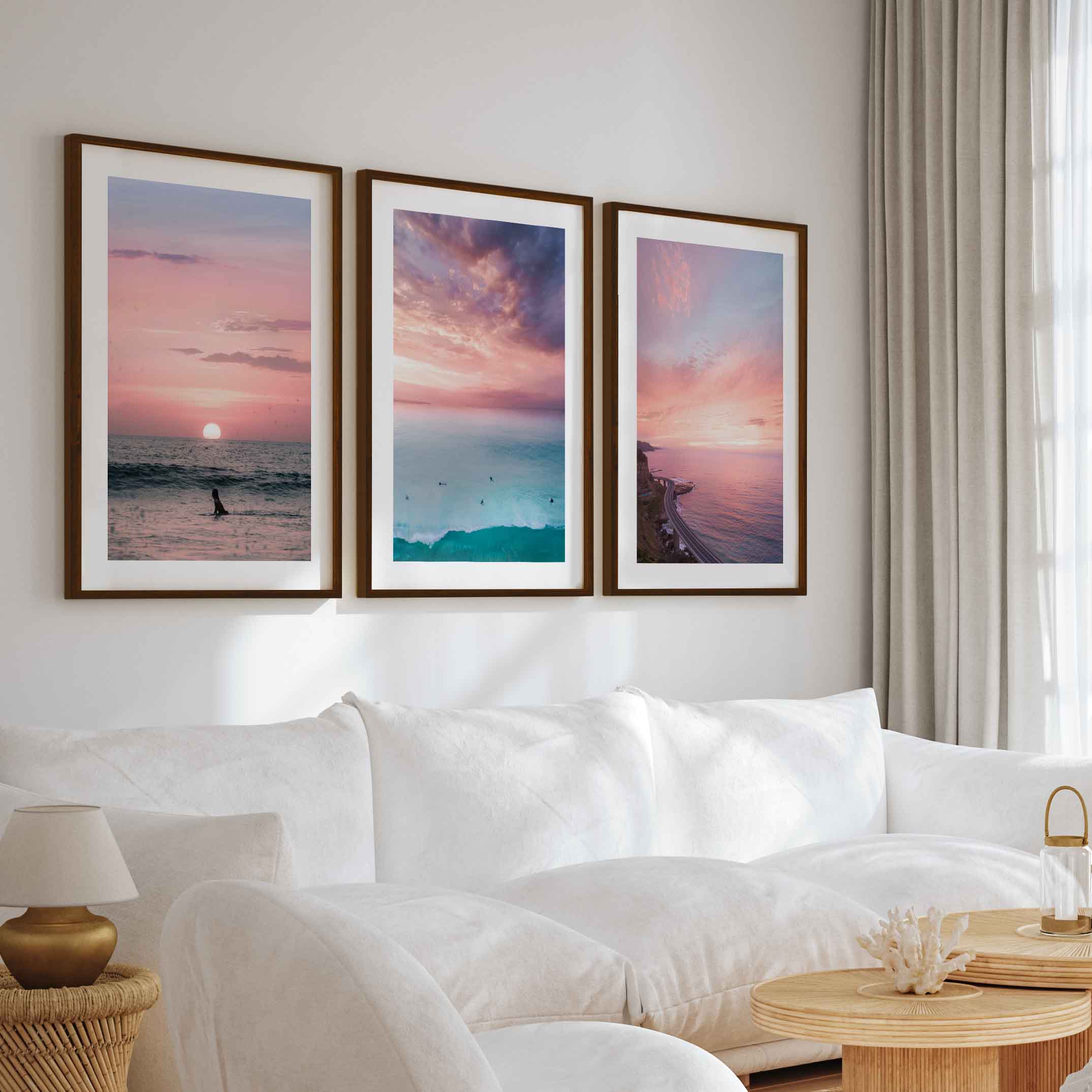 Pink Beach Wall Decor – Pastel Sunset Ocean Print Set (3 Pieces) - Dark Brown Framed Poster with White Border - Artworksets