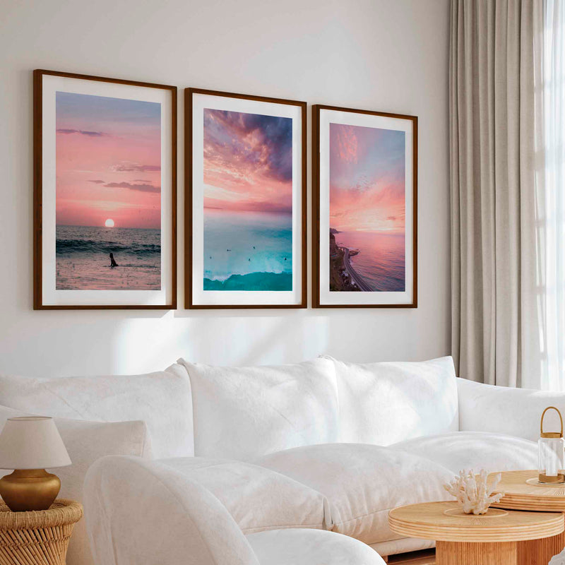 Pink Beach Wall Decor – Pastel Sunset Ocean Print Set (3 Pieces) - Dark Brown Framed Poster with White Border - Artworksets