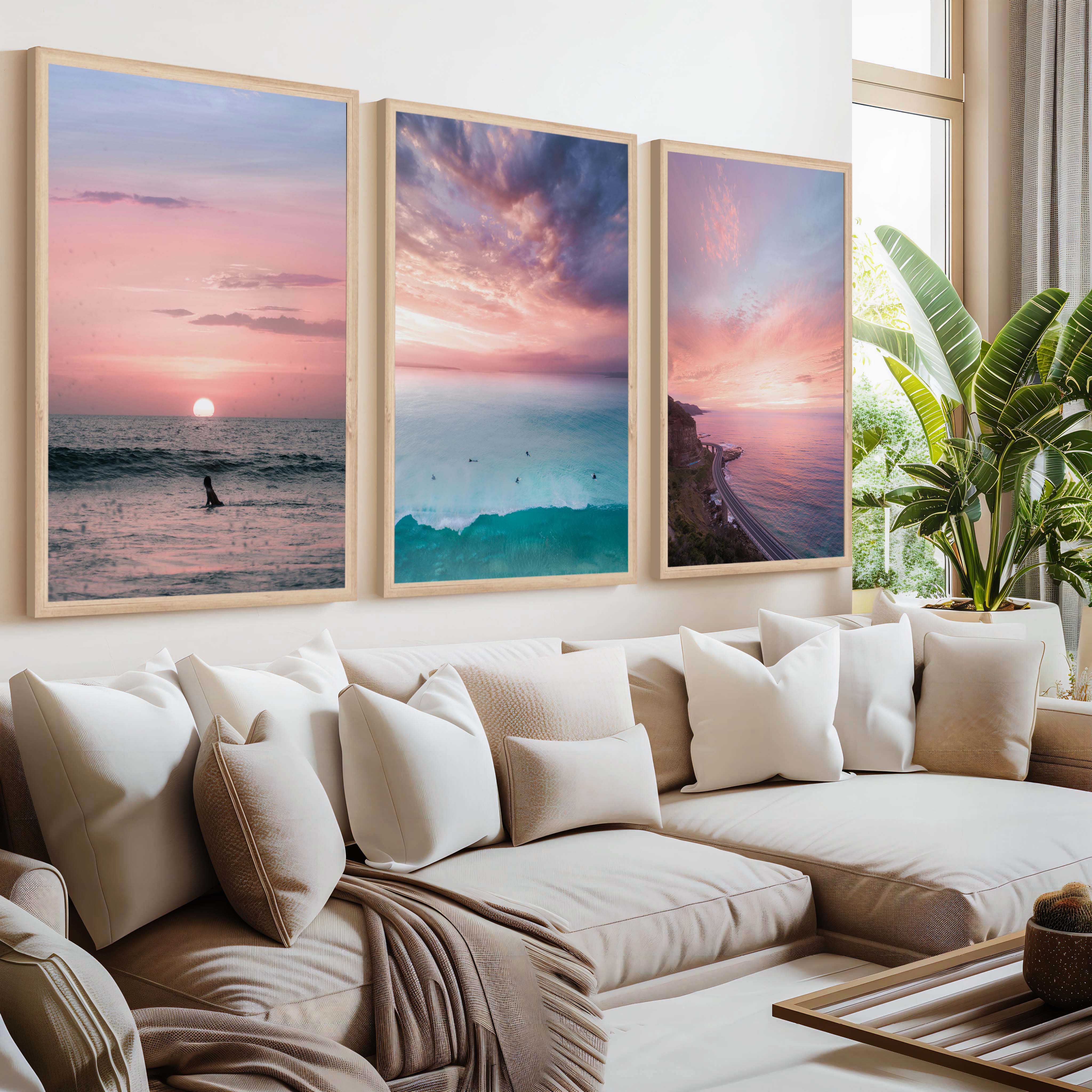 Pink Beach Wall Decor – Pastel Sunset Ocean Print Set (3 Pieces) - Natural Wood Framed Poster No Border - Artworksets