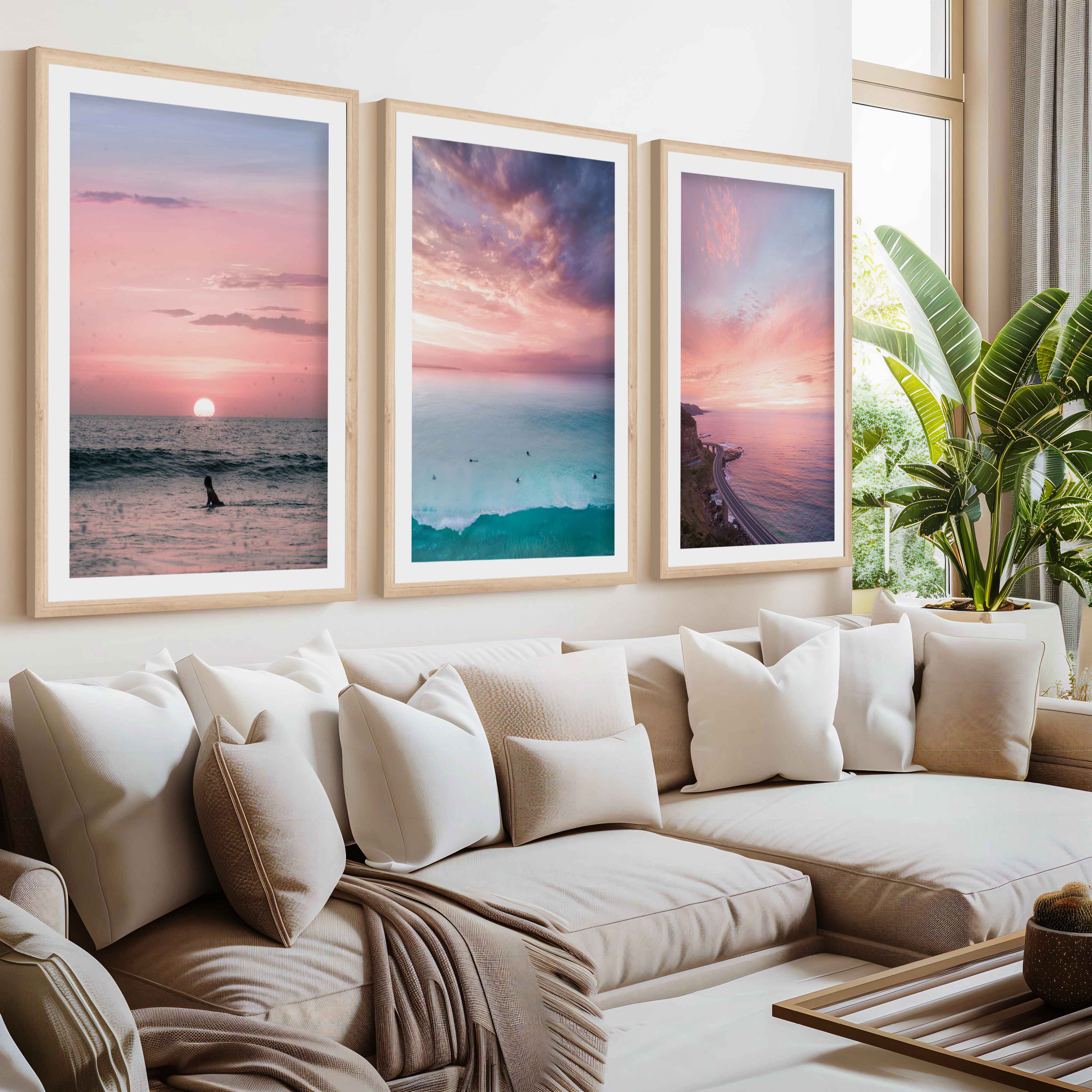 Pink Beach Wall Decor – Pastel Sunset Ocean Print Set (3 Pieces)- Natural Wood Framed Poster with White Border - Artworksets