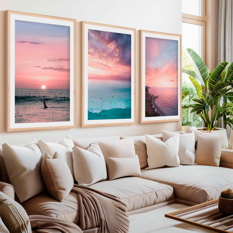 Pink Beach Wall Decor – Pastel Sunset Ocean Print Set (3 Pieces)- Natural Wood Framed Poster with White Border - Artworksets