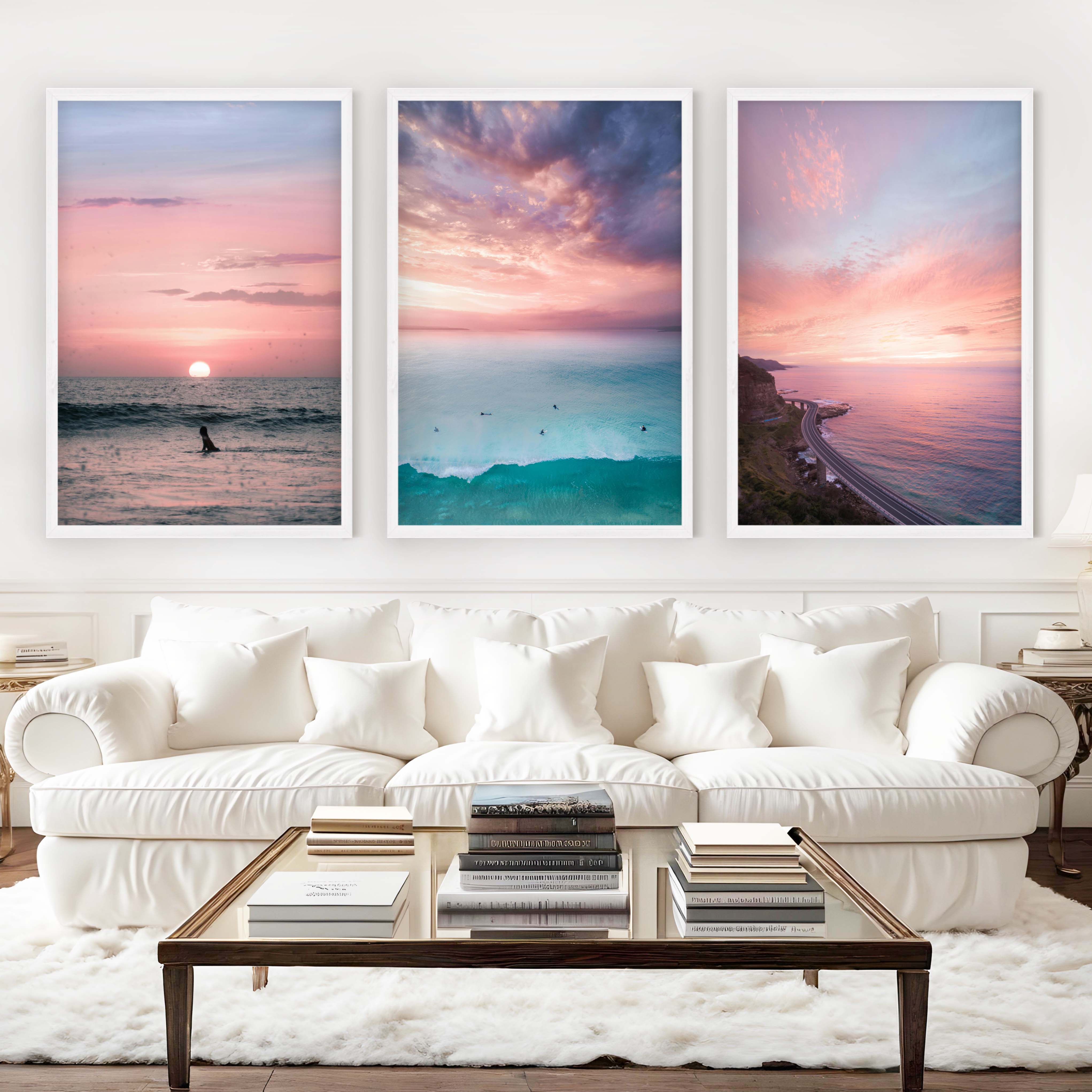 Pink Beach Wall Decor – Pastel Sunset Ocean Print Set (3 Pieces) - White Framed Poster No Border - Artworksets