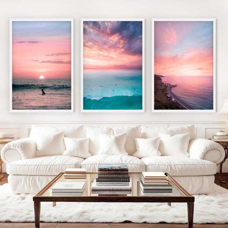 Pink Beach Wall Decor – Pastel Sunset Ocean Print Set (3 Pieces) - White Framed Poster No Border - Artworksets